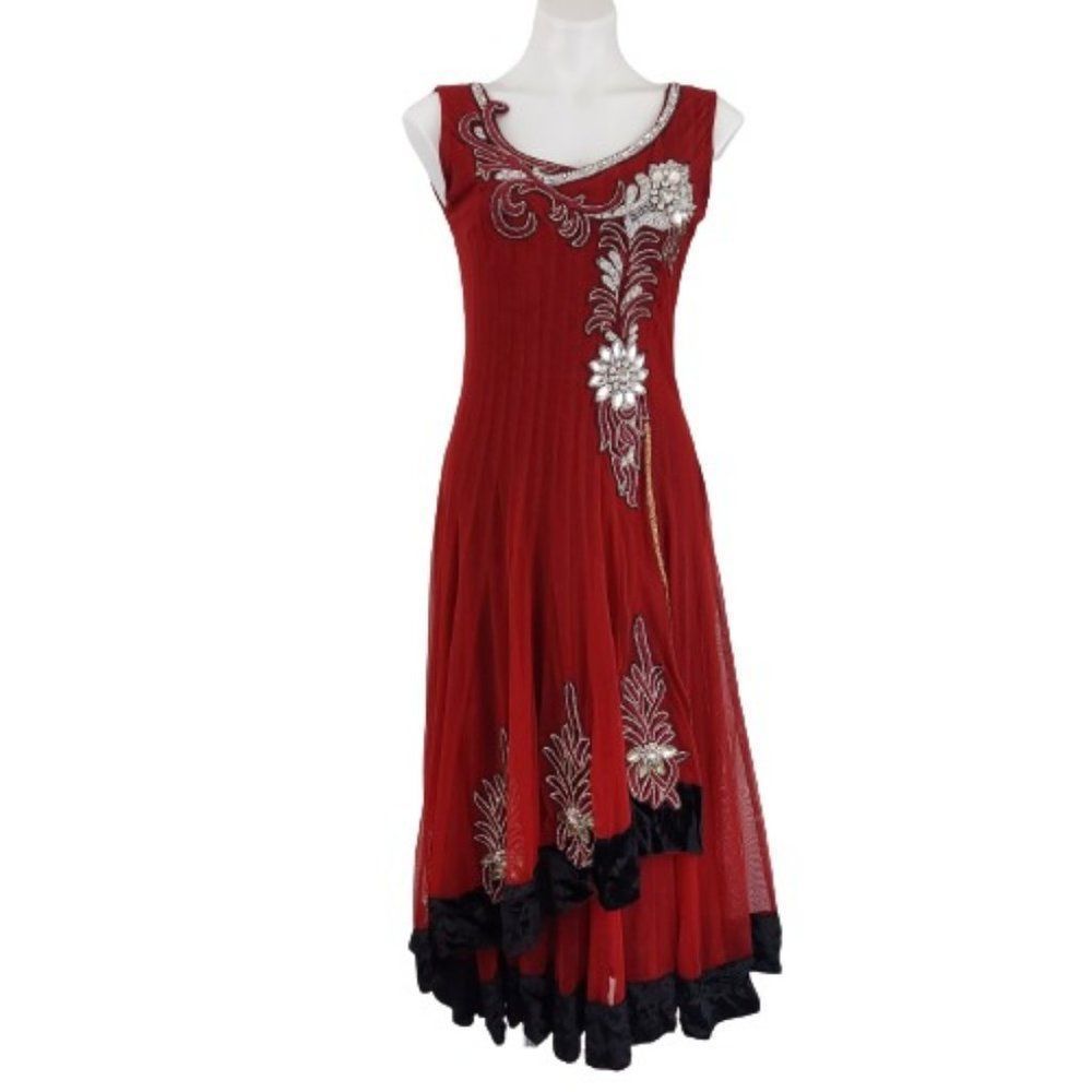 Sri Vishnu Silks International Crystal Embellished Indian Party Dress, Red. M